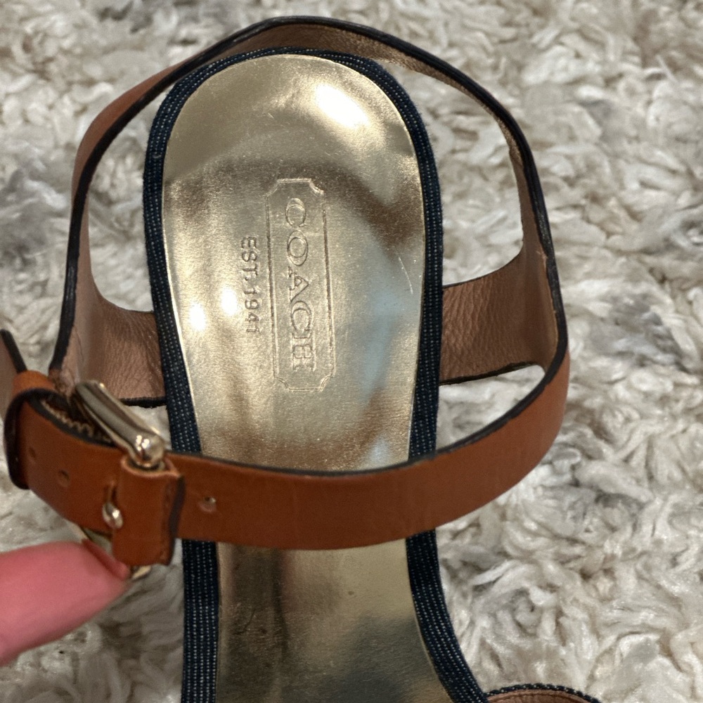 Coach Denim/Tan Sandal, 4 inch Heel w/Gold Hardware